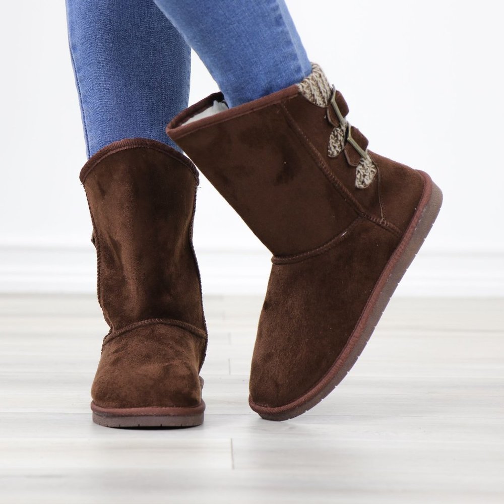 Brown Winter Warm Sherpa Lining Inside  No Heel Mid Calf Flat Boots - Picture 10 of 11